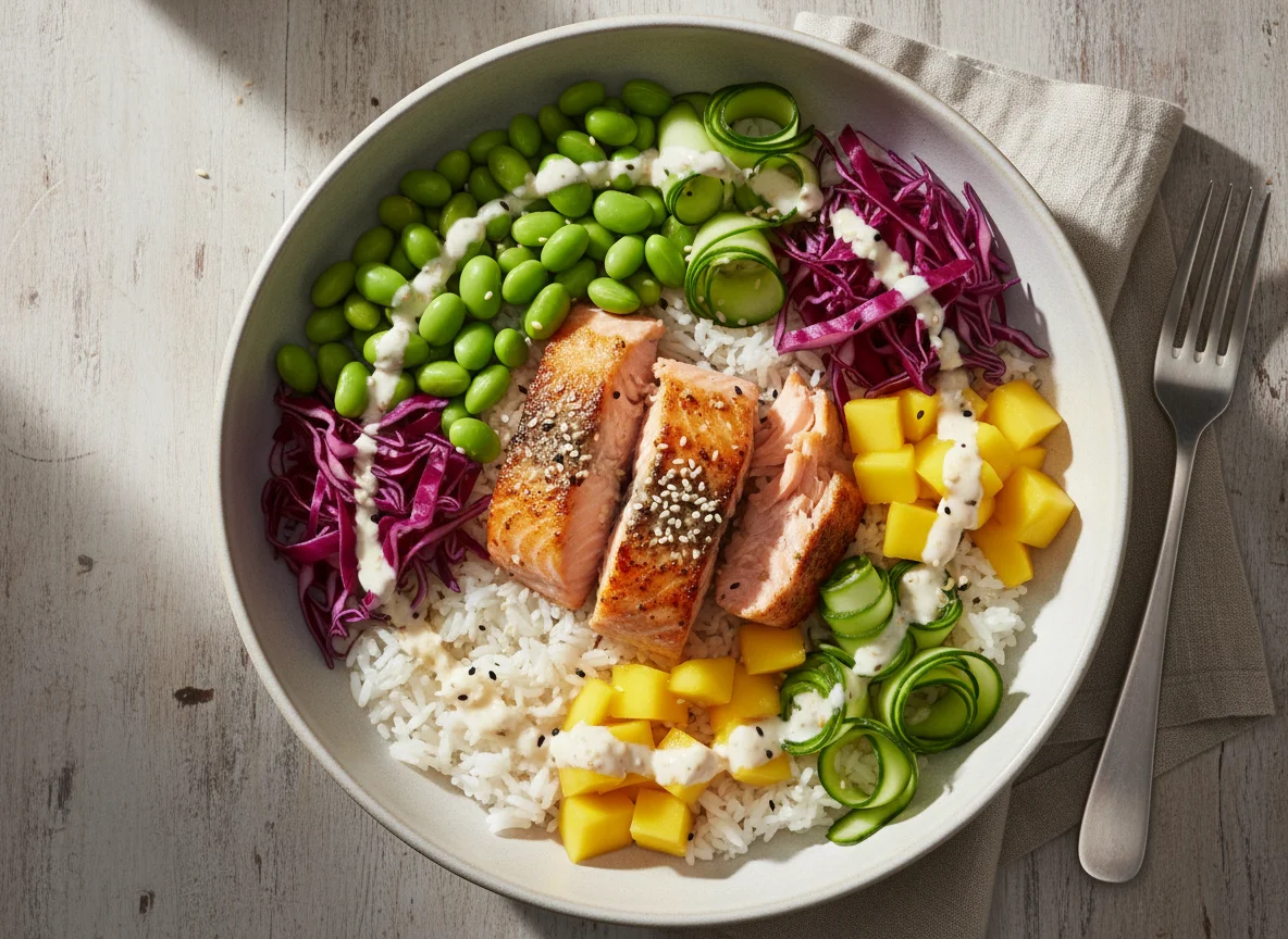 Reis-Bowl mit Lachs und Gemüse photo