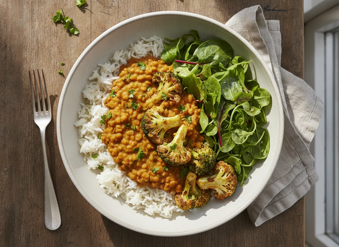 Reis-Bowl mit Linsen-Curry und Gemüse photo