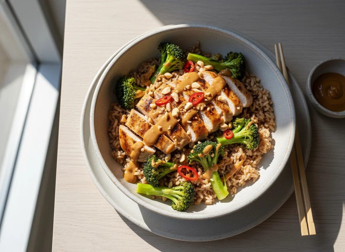 Reis-Bowl mit Poulet, Brokkoli und Erdnusssauce photo