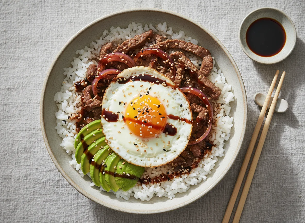 Reis-Bowl mit Rindfleisch, Avocado und Spiegelei photo
