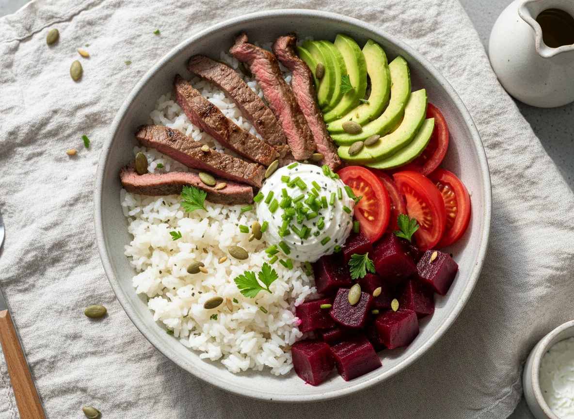 Reis-Bowl mit Rindfleisch und Gemüse photo
