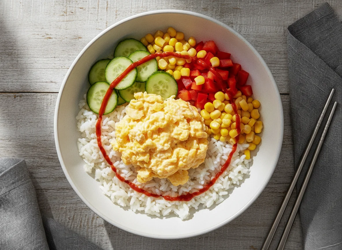 Reis-Bowl mit Rührei und Gemüse photo