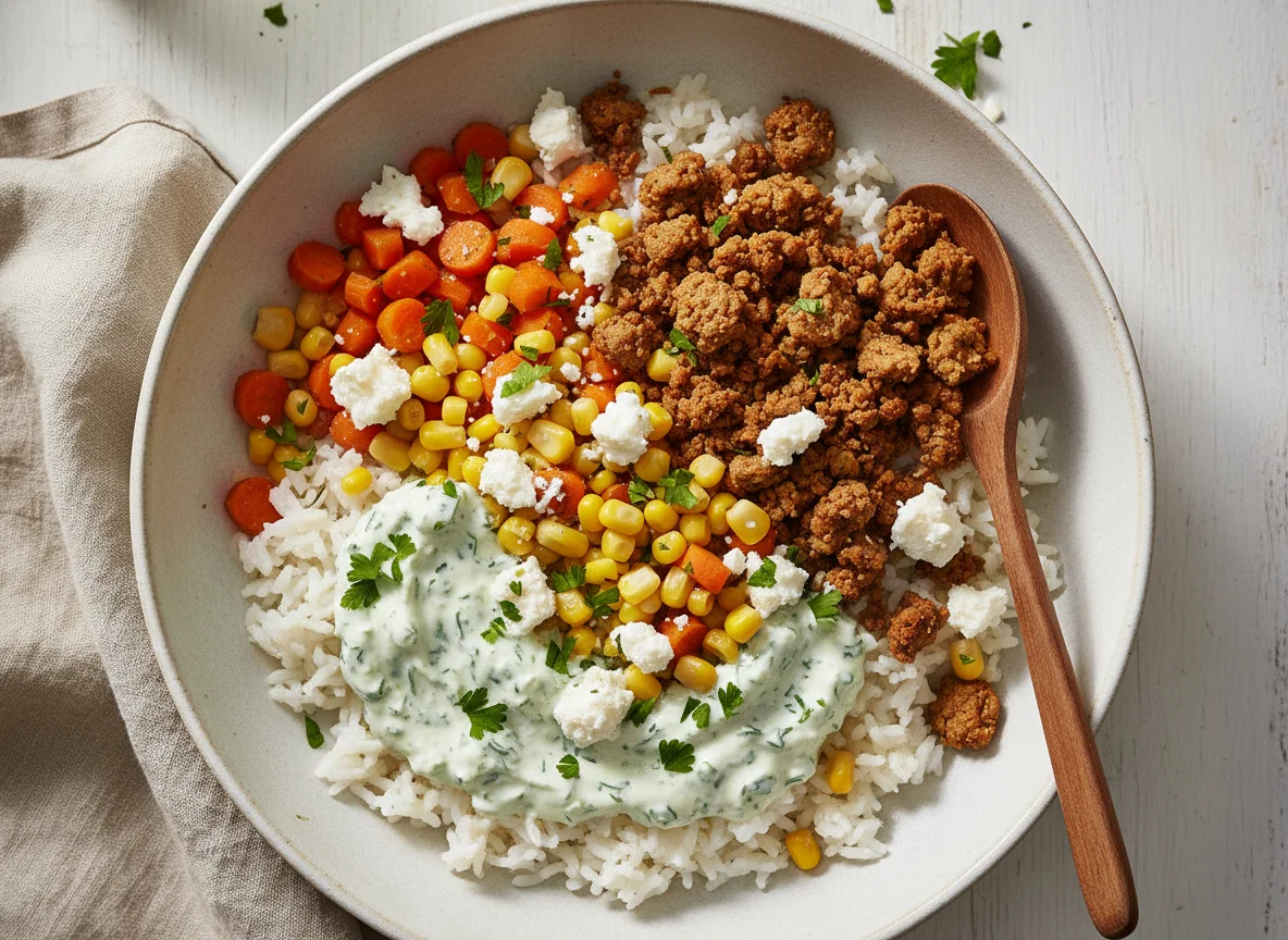 Reisbowl mit Soße vegetarischem Granulat Karotten Mais und Käse photo