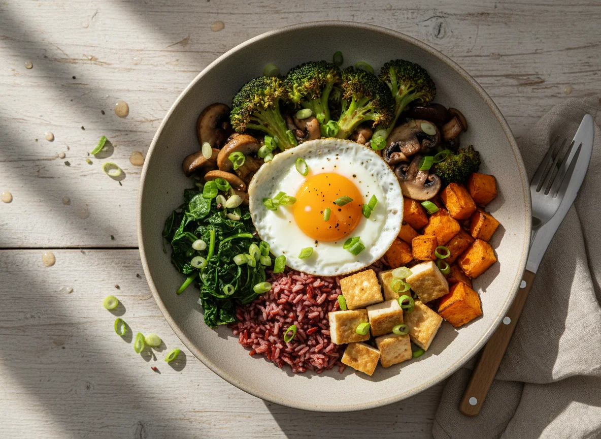 Reis-Bowl mit Spiegelei und Gemüse photo