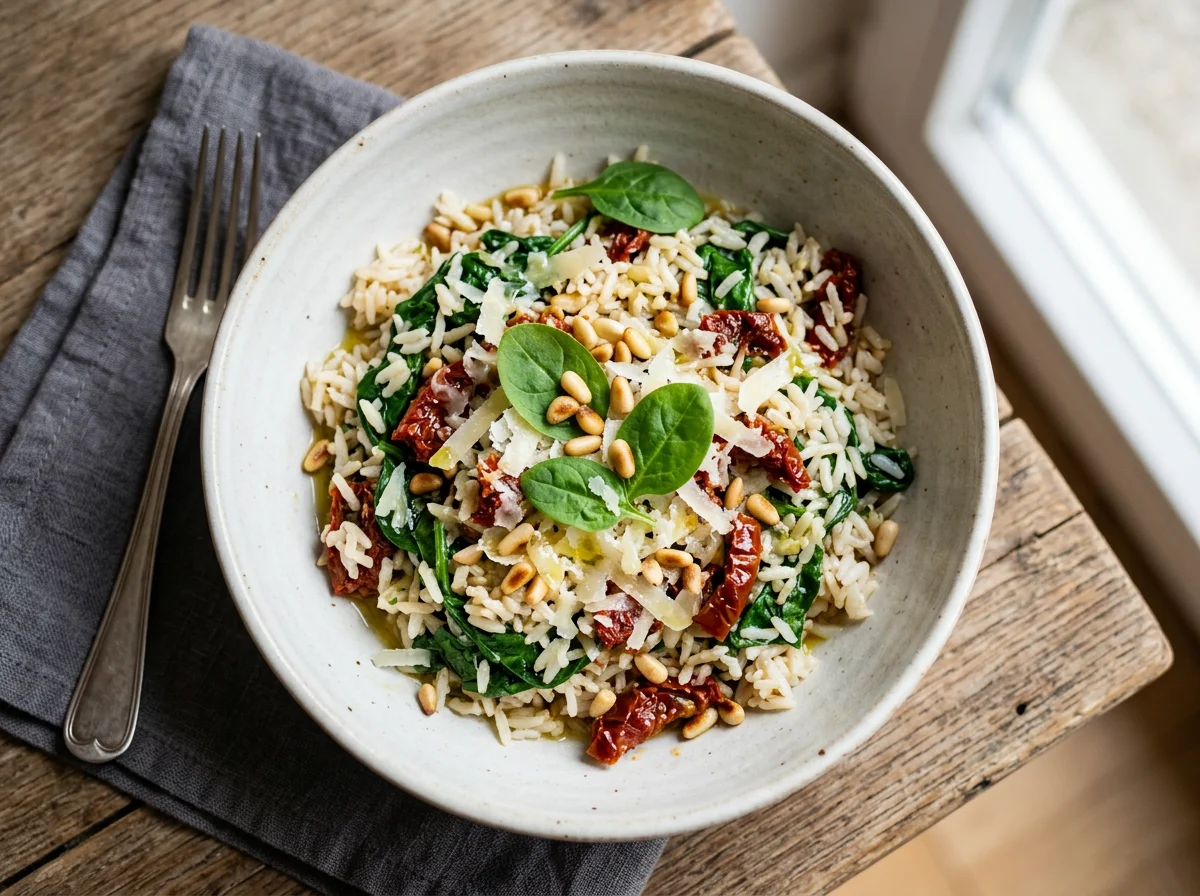 Reisbowl mit Spinat, getrockneten Tomaten, Pinienkernen und Parmesan photo