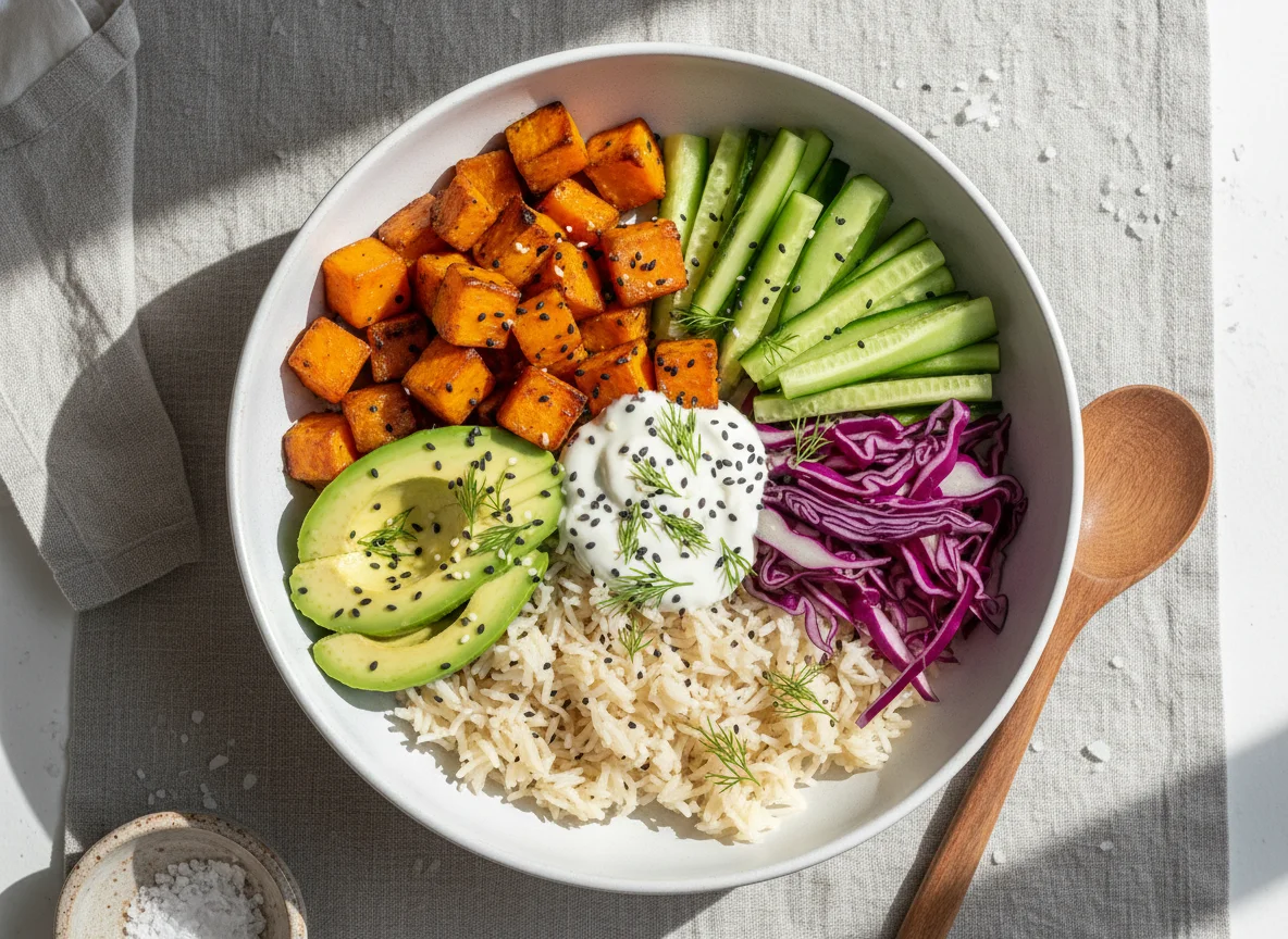 Reis-Bowl mit Süßkartoffel und Avocado photo