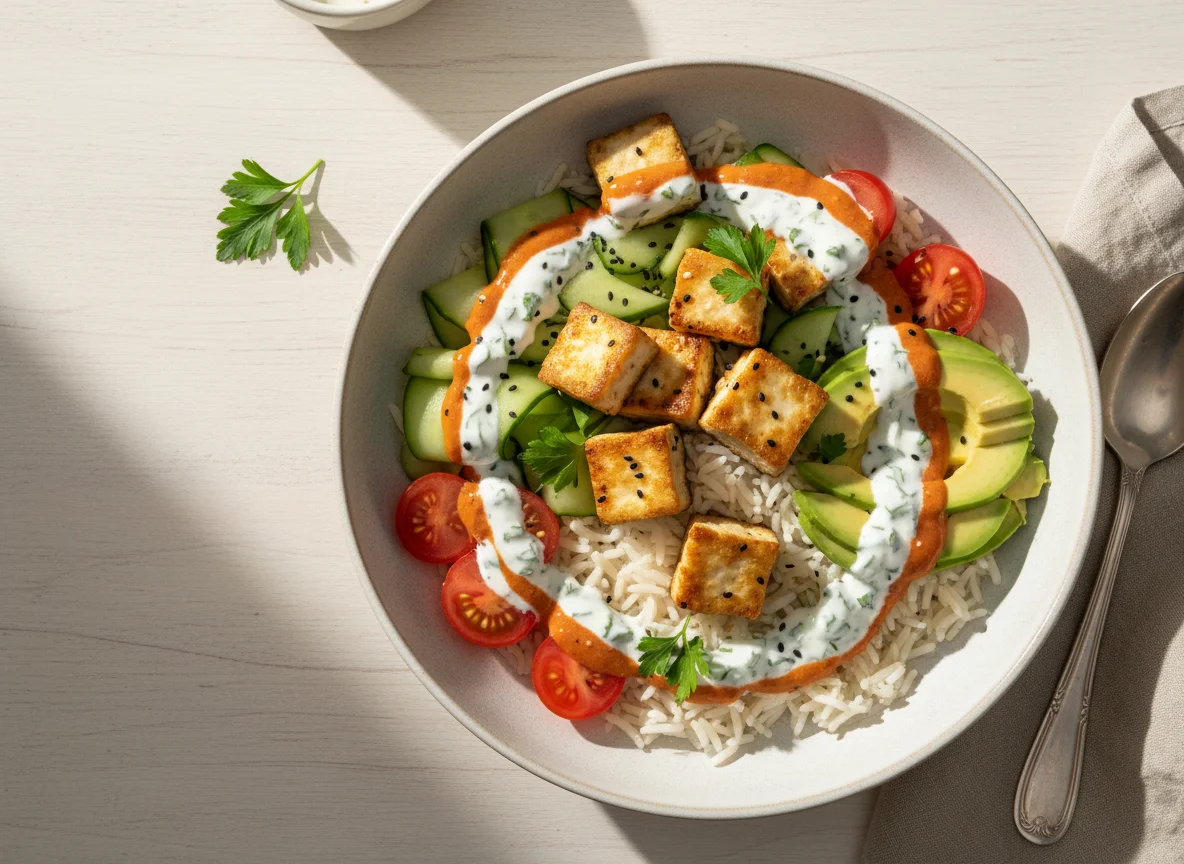 Reis-Bowl mit Tofu und Saucen photo