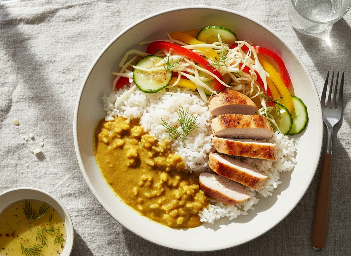 Reis-Curry-Schale mit Hähnchen und Salat photo