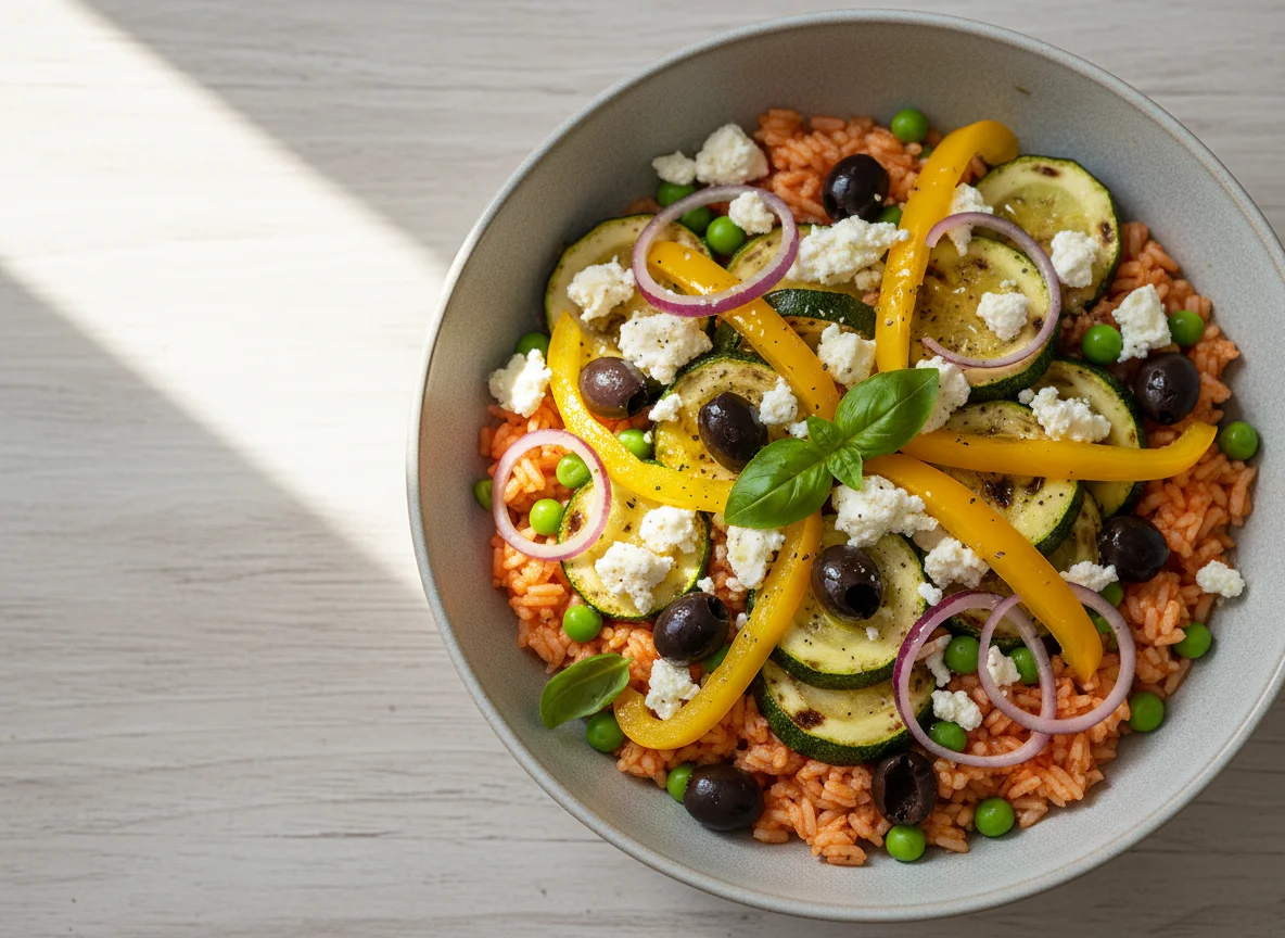 Reis-Gemüse-Bowl mit Feta photo