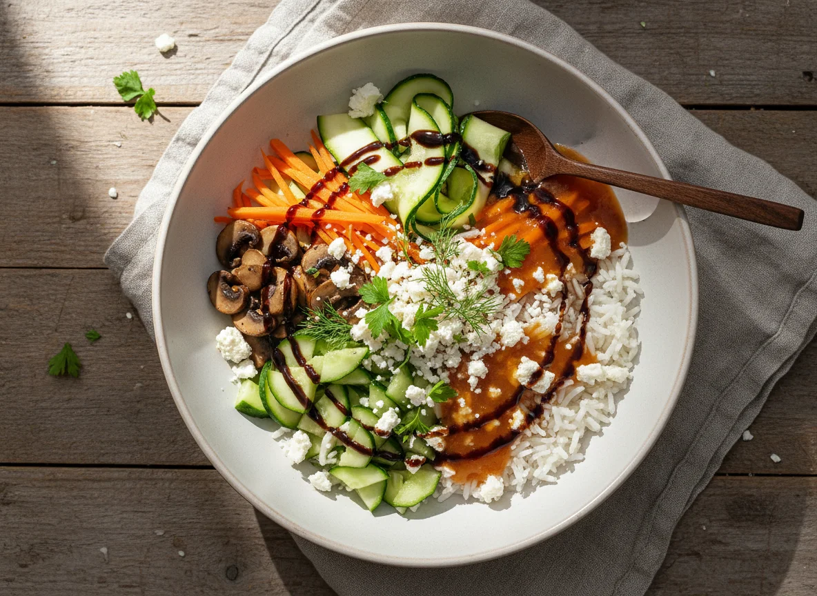 Reis-Gemüse-Bowl mit Feta und Dressing photo