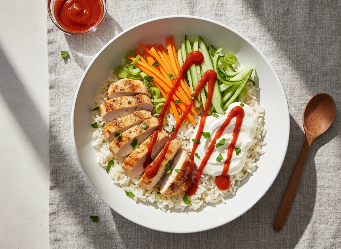 Reis-Gemüse-Bowl mit Hähnchen und Sauce photo