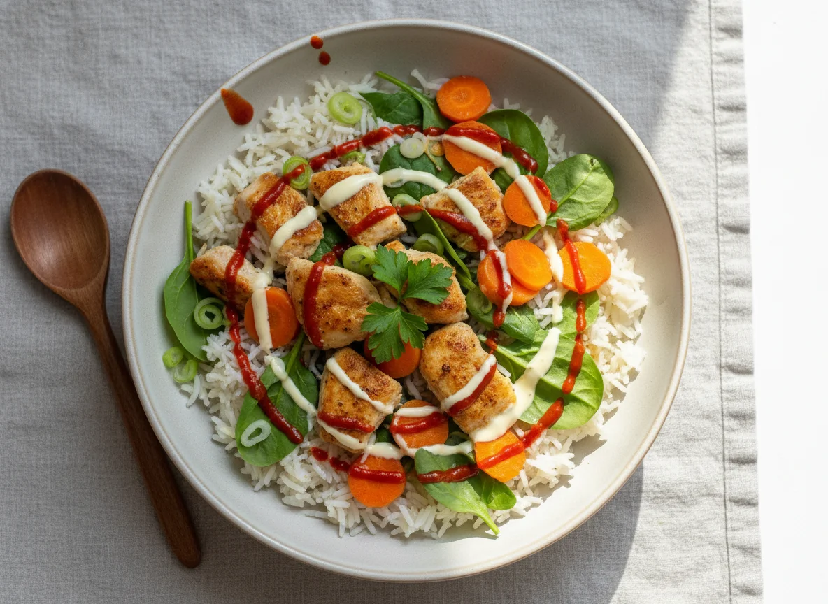 Reis-Gemüse-Bowl mit Hähnchen und Soße photo