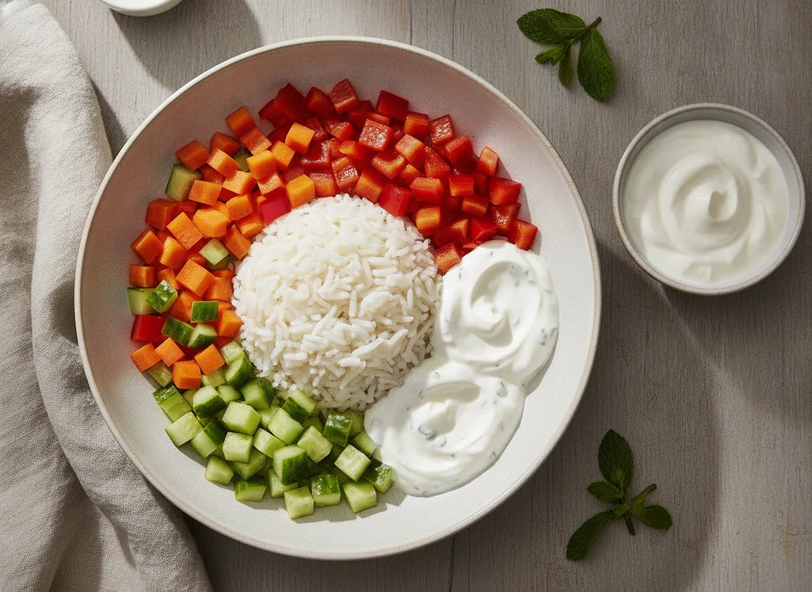Reis-Gemüse-Bowl mit Saucen photo