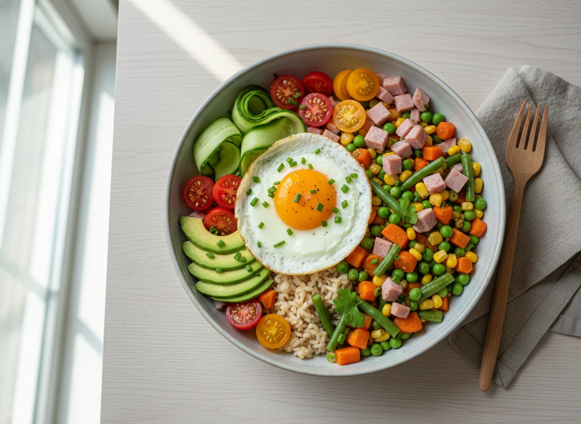 Reis-Gemüse-Bowl mit Spiegelei photo