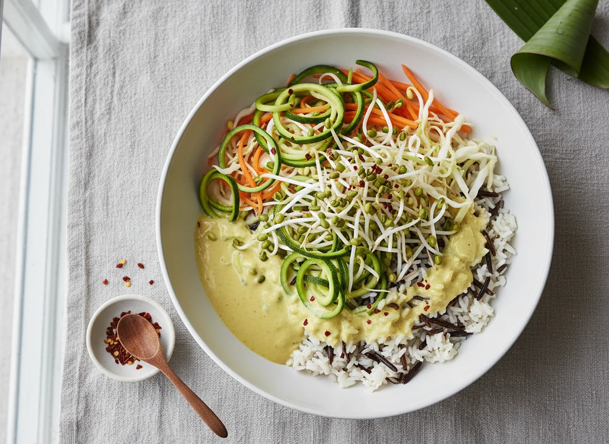 Reis-Gemüse-Bowl mit Sprossen photo