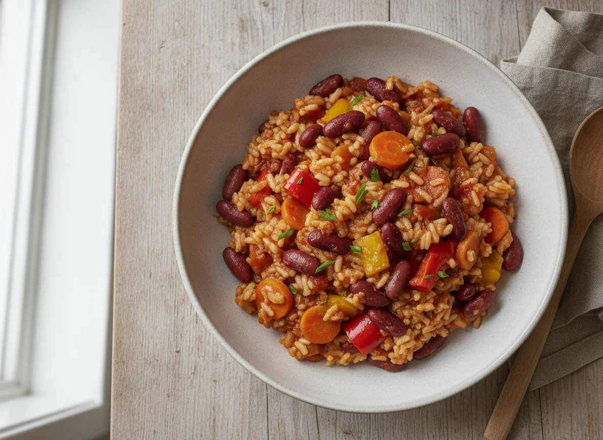 Reis-Gemüse-Pfanne mit Bohnen photo