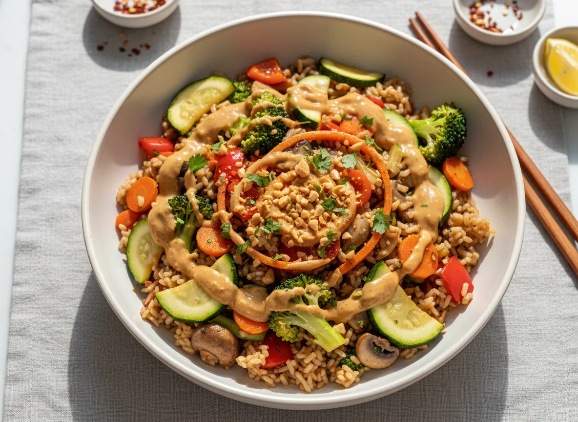 Reis-Gemüse-Pfanne mit Erdnusssauce photo