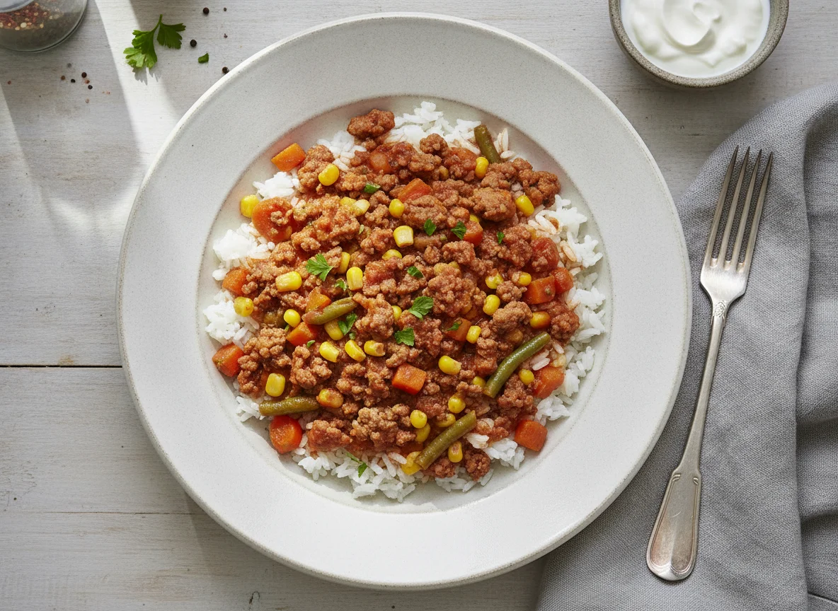 Reis-Gemüse-Pfanne mit Hackfleisch photo