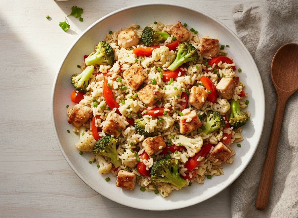 Reis-Gemüse-Pfanne mit Hähnchen photo