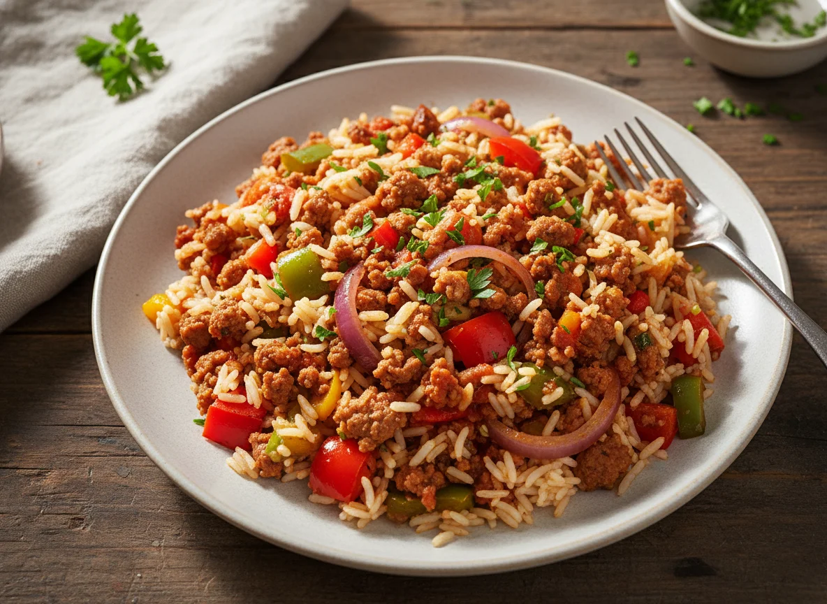 Reisgericht mit Beyond Meat Hack und Gemüse photo
