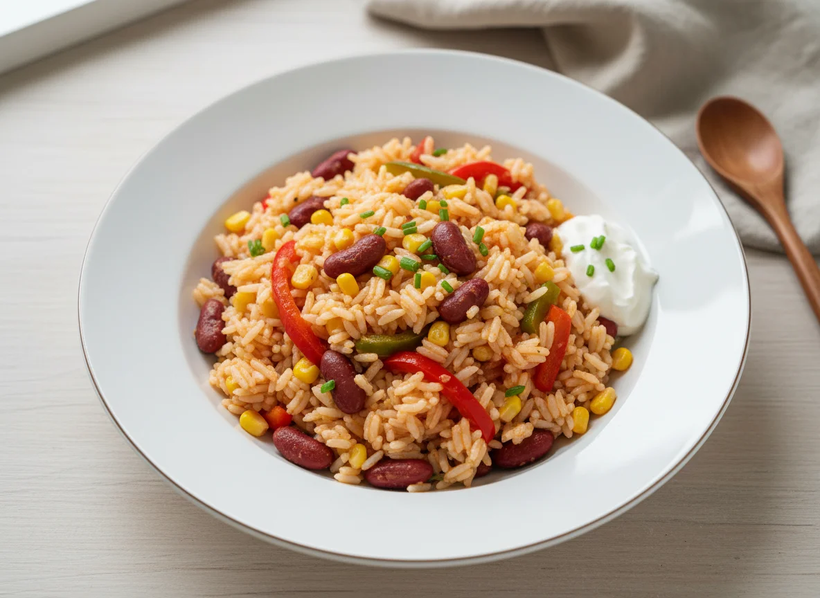 Reisgericht mit Bohnen, Mais und Paprika photo