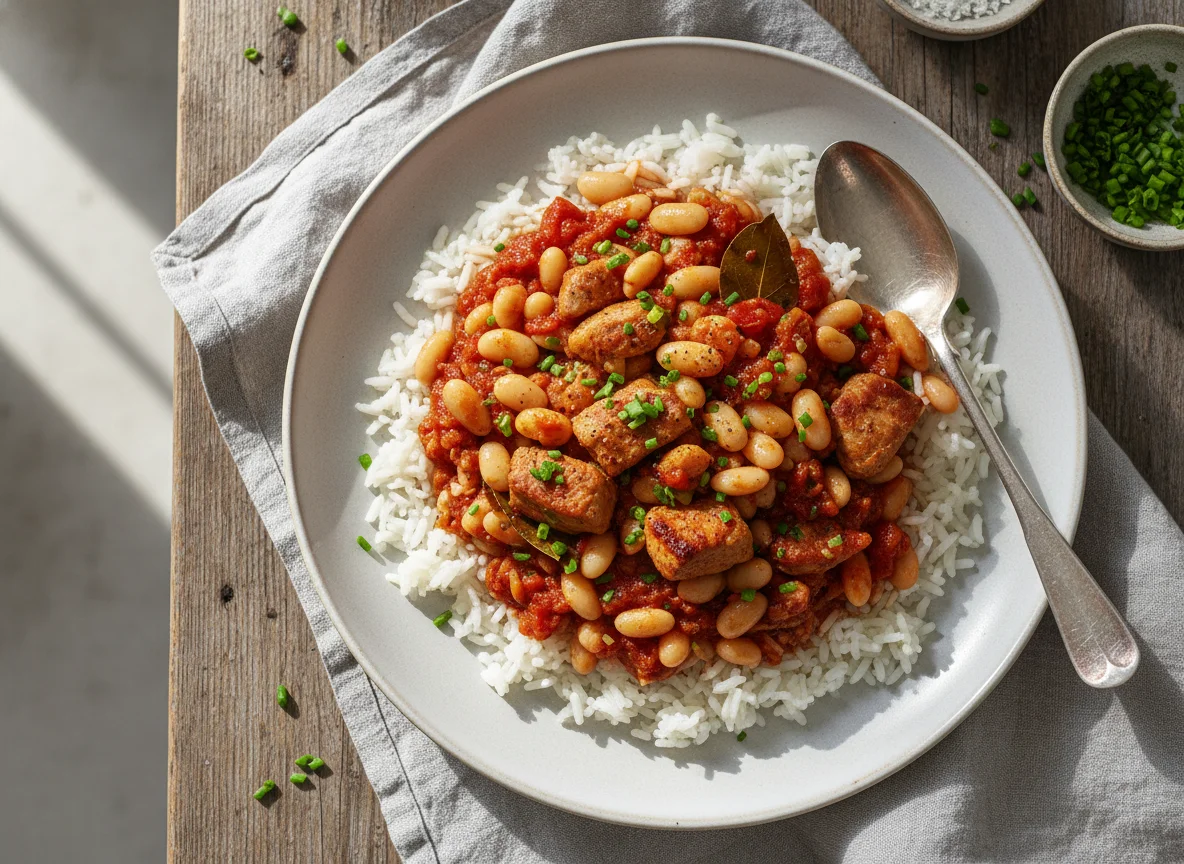 Reisgericht mit Bohnen und Fleisch photo