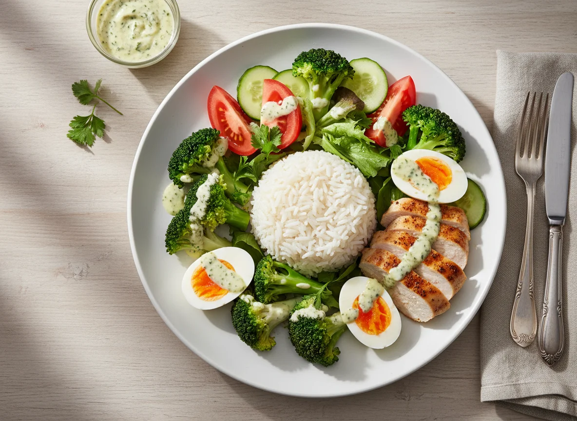 Reisgericht mit Brokkoli, Ei und Salat photo