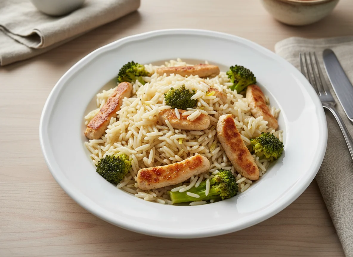 Reisgericht mit Brokkoli und Hähnchen photo