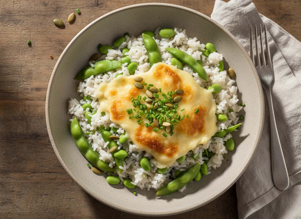 Reisgericht mit Edamame und Käse photo