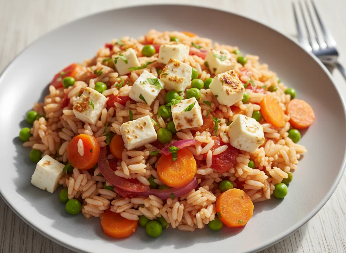 Reisgericht mit Erbsen, Karotten und Feta photo