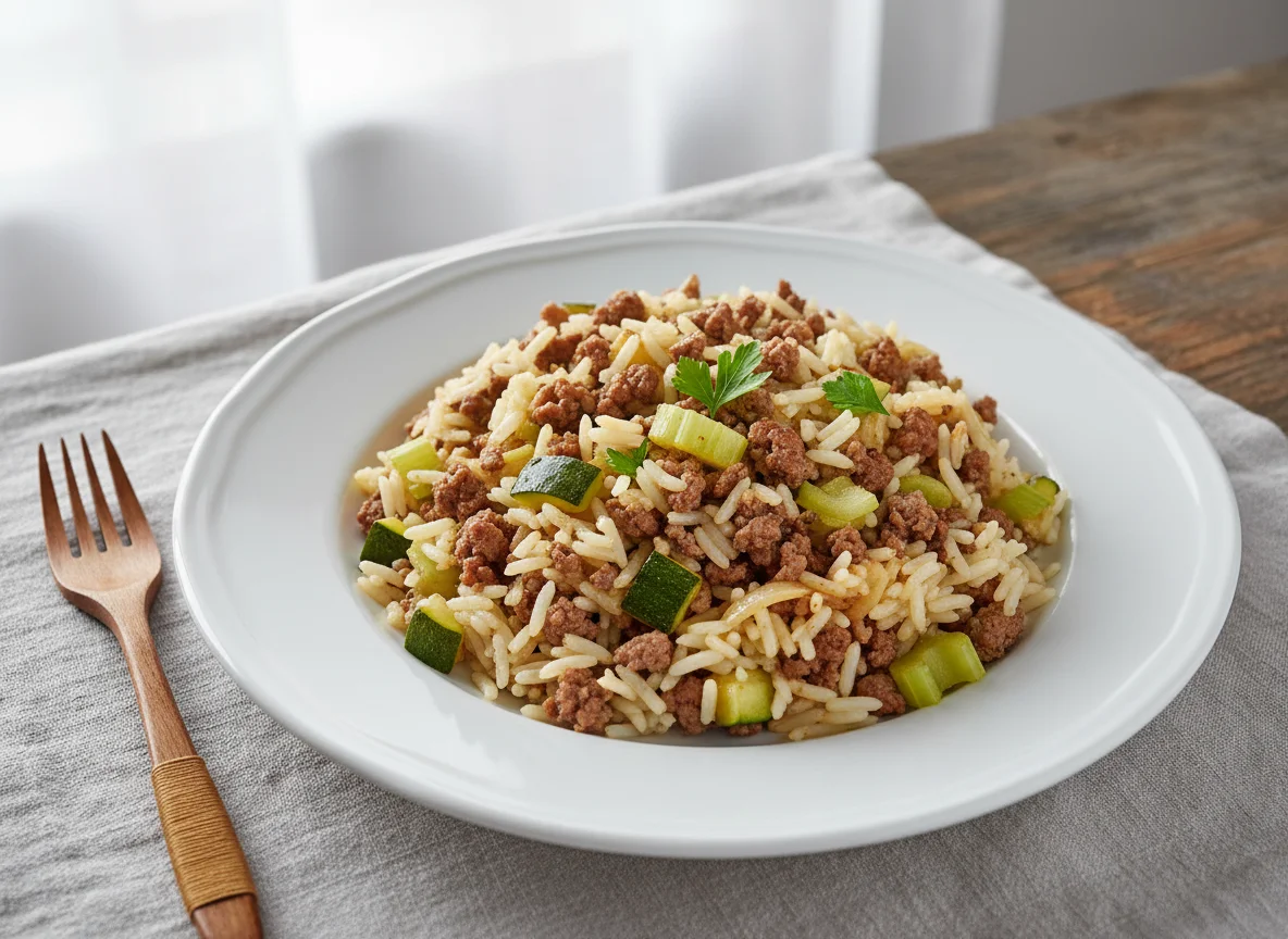 Reisgericht mit Faschiertem und Gemüse photo