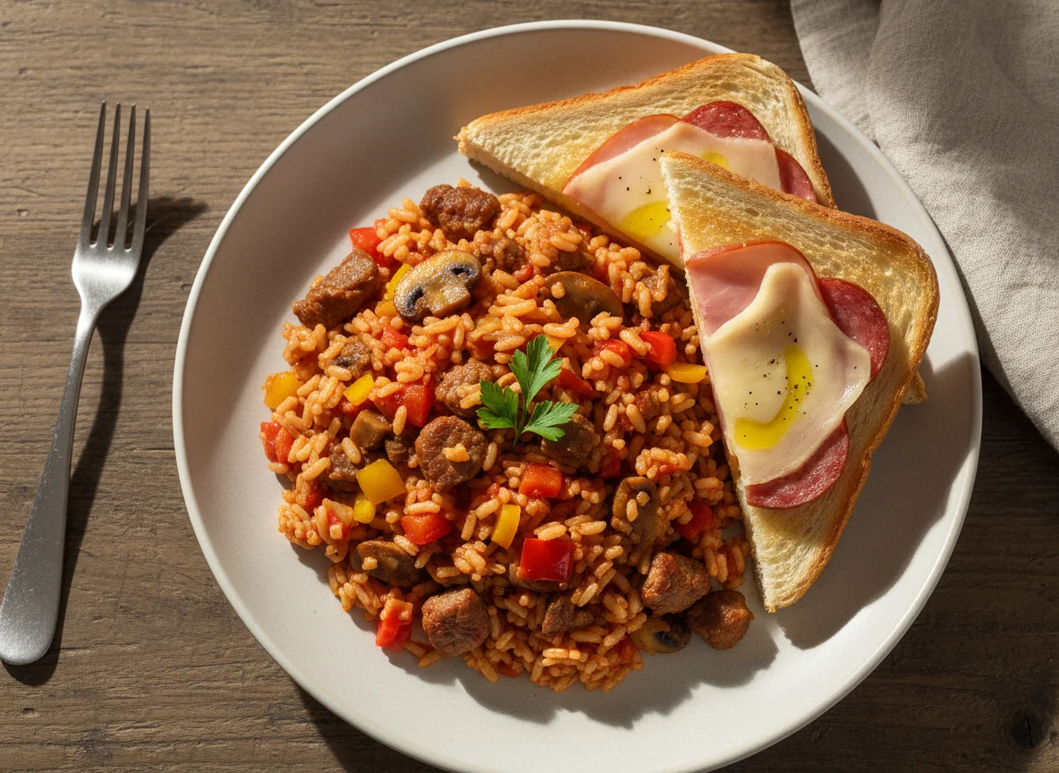 Reisgericht mit Fleisch und Toast photo