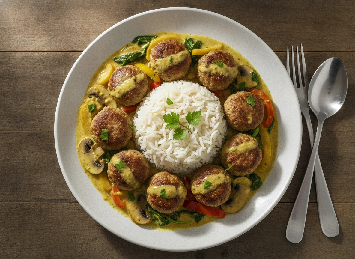 Reisgericht mit Fleischbällchen und Gemüse-Curry photo