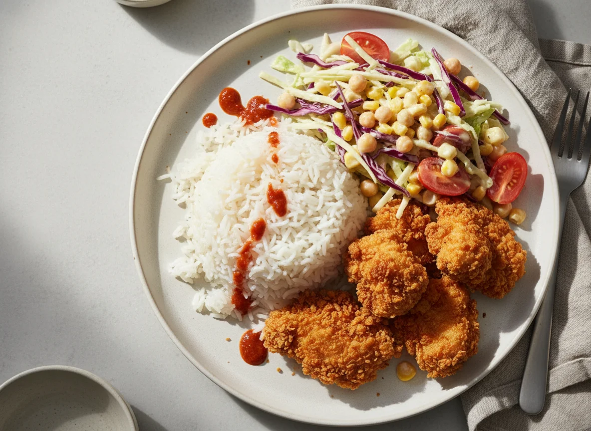 Reisgericht mit frittiertem Hähnchen und Salat photo