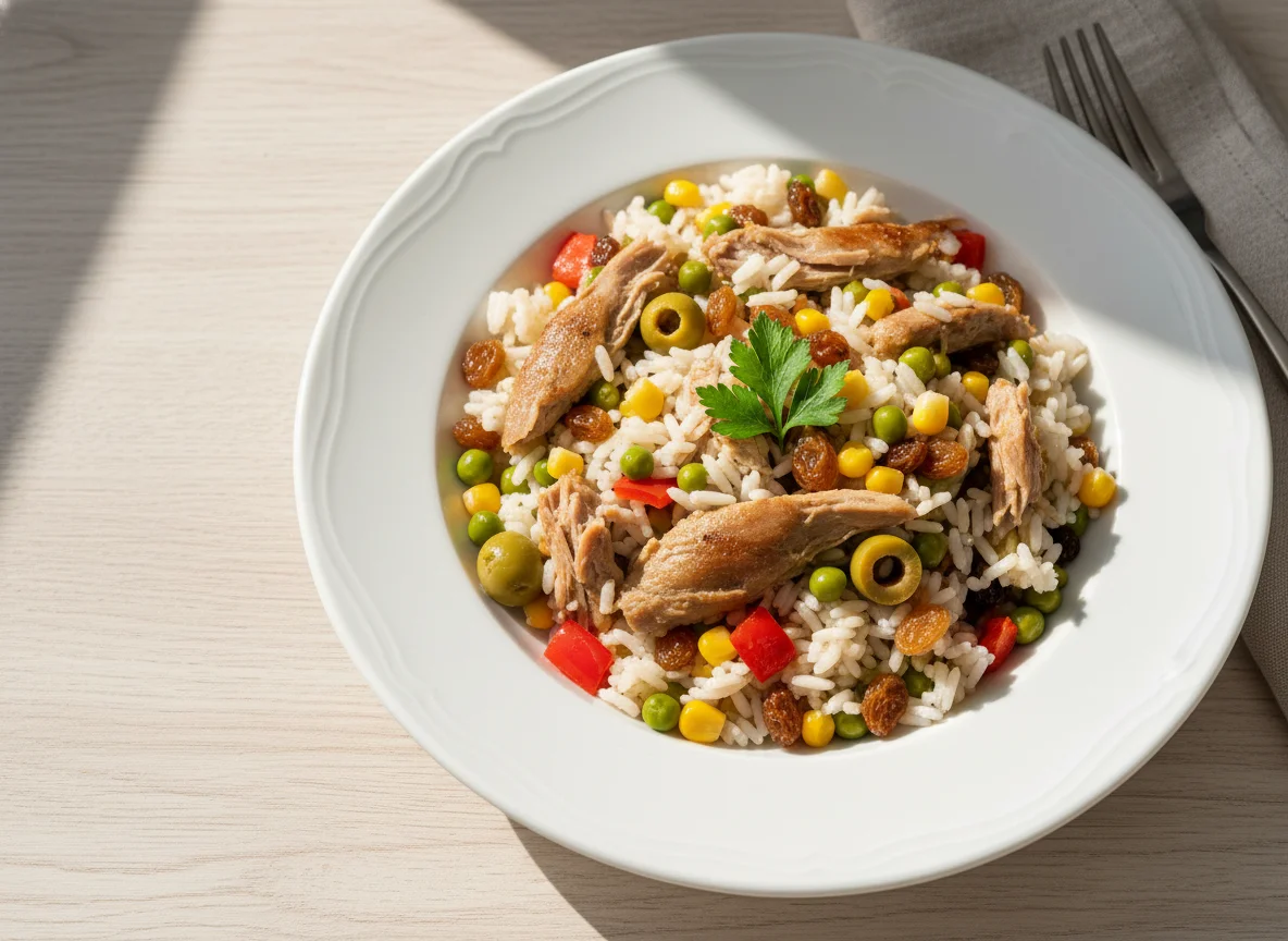 Reisgericht mit Gänsefleisch und Gemüse photo