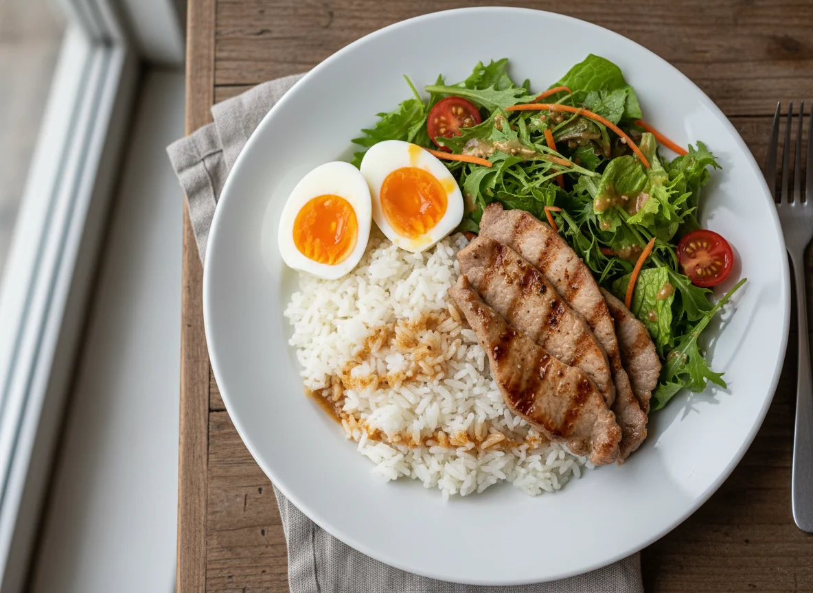Reisgericht mit gegrilltem Schweinefleisch, Eiern und Salat photo