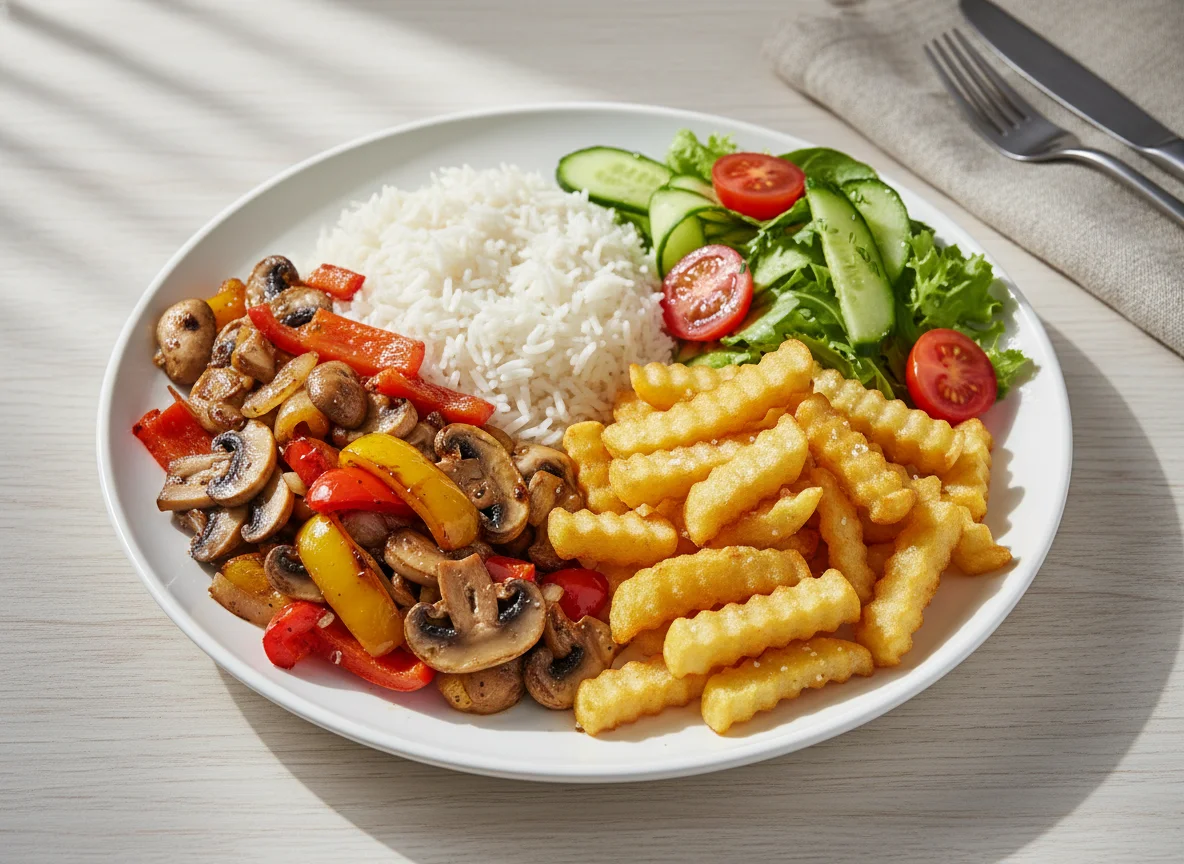 Reisgericht mit Gemüse, Pommes und Salat photo