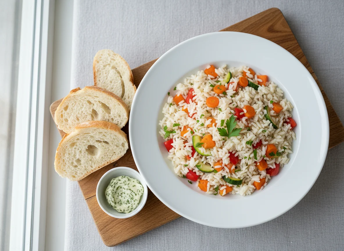 Reisgericht mit Gemüse und Brot photo