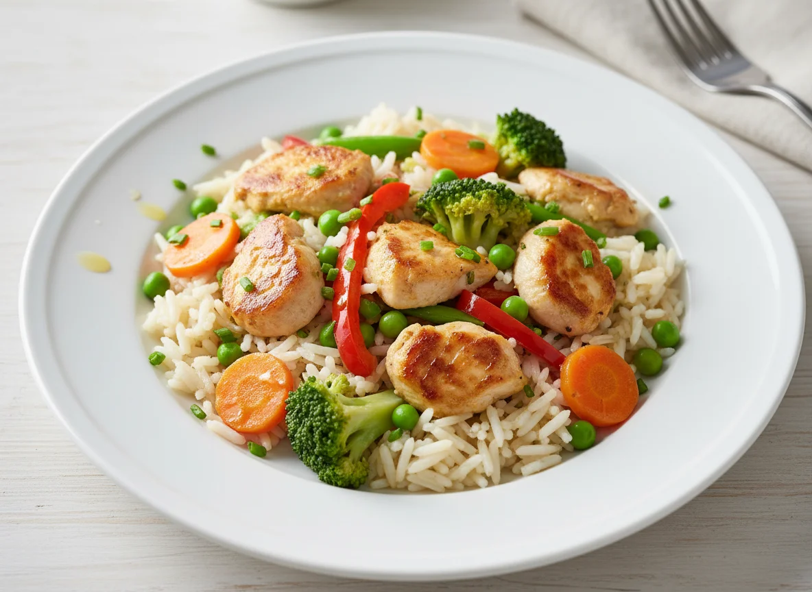 Reisgericht mit Gemüse und Hähnchen photo