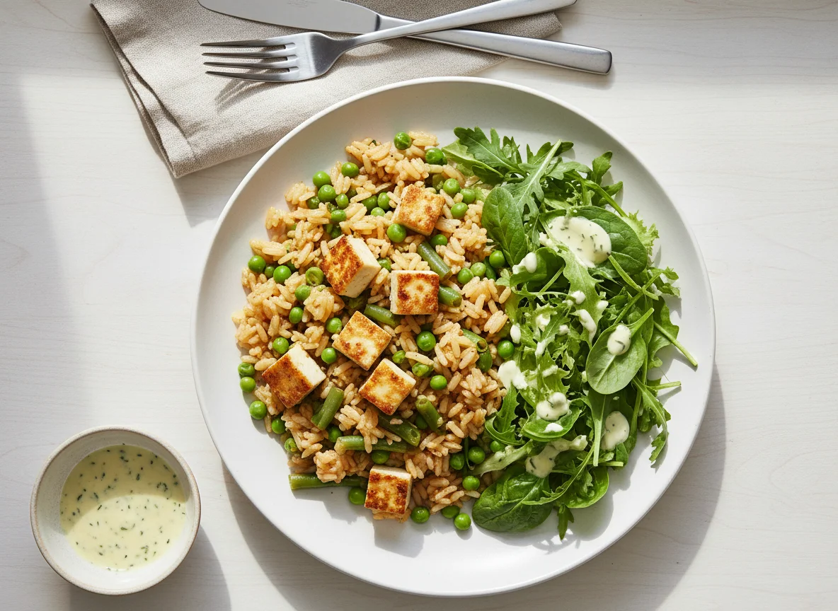 Reisgericht mit Gemüse und Salat photo