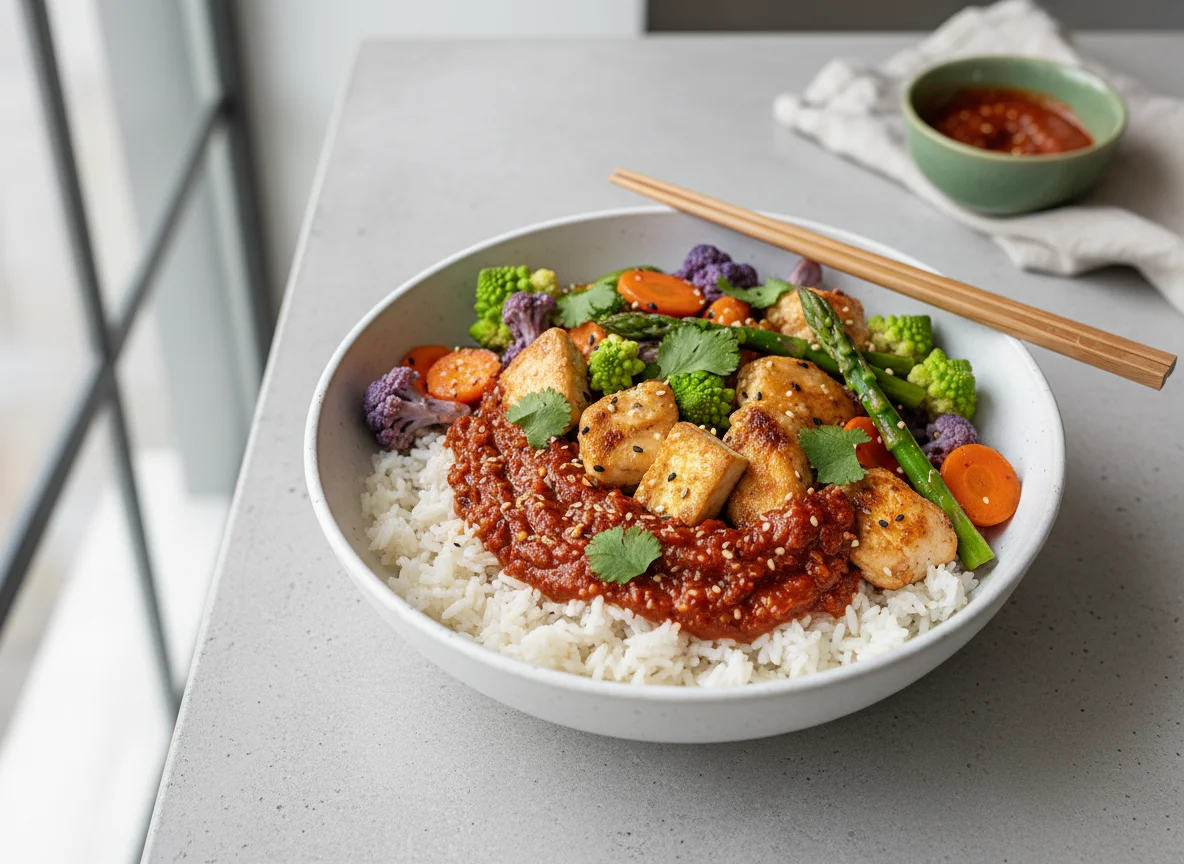 Reisgericht mit Gemüse und Tofu/Hähnchen photo