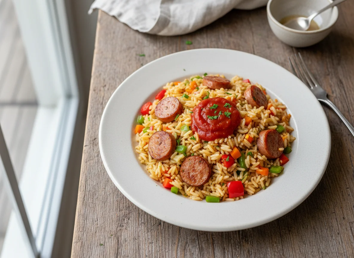 Reisgericht mit Gemüse und Wurst photo