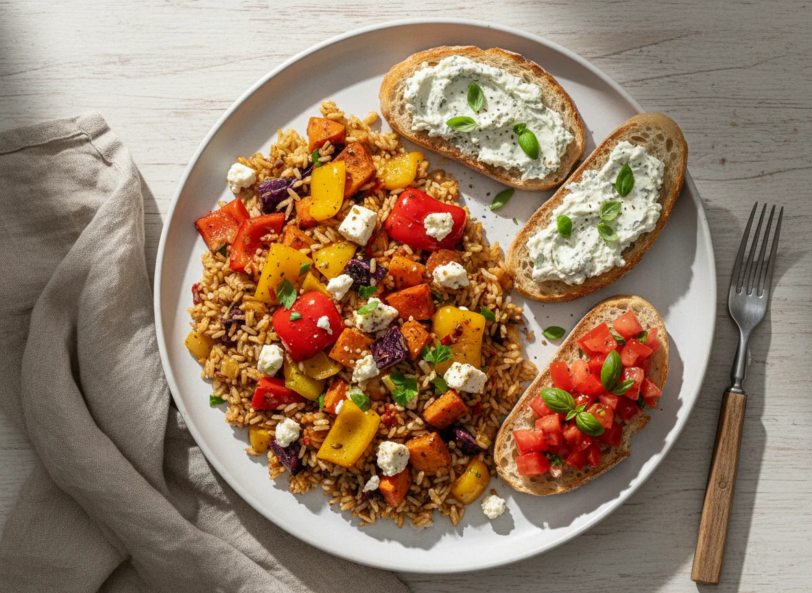 Reisgericht mit geröstetem Gemüse und Bruschetta photo