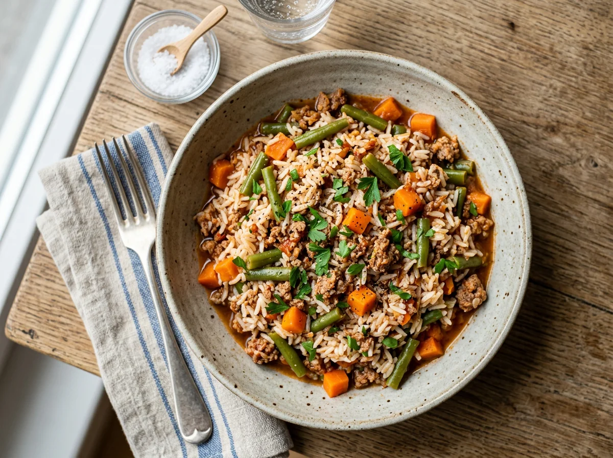 Reisgericht mit grünen Bohnen, Karotten und Hackfleisch photo