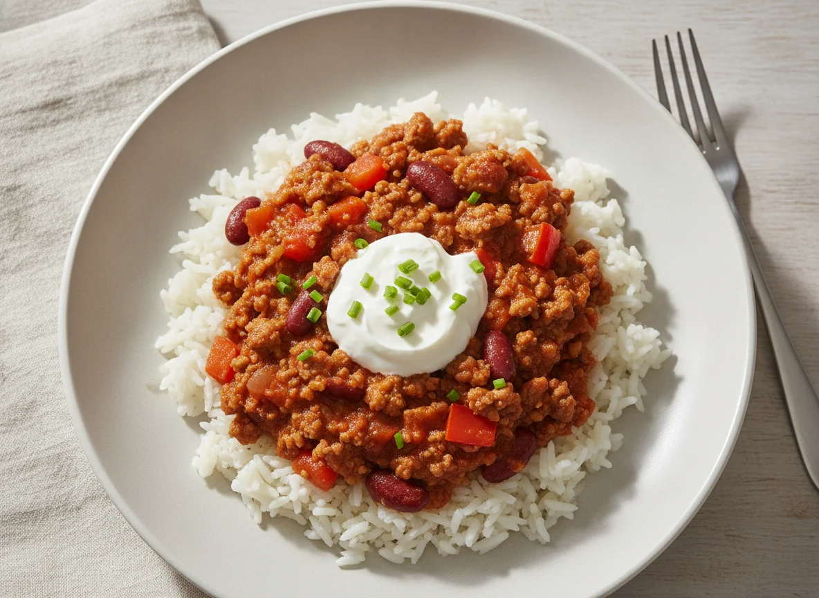 Reisgericht mit Hackfleisch, Bohnen und Paprika mit Sauerrahm photo