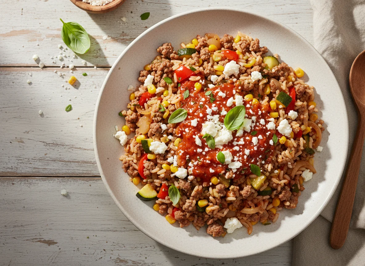 Reisgericht mit Hackfleisch, Gemüse und Feta photo