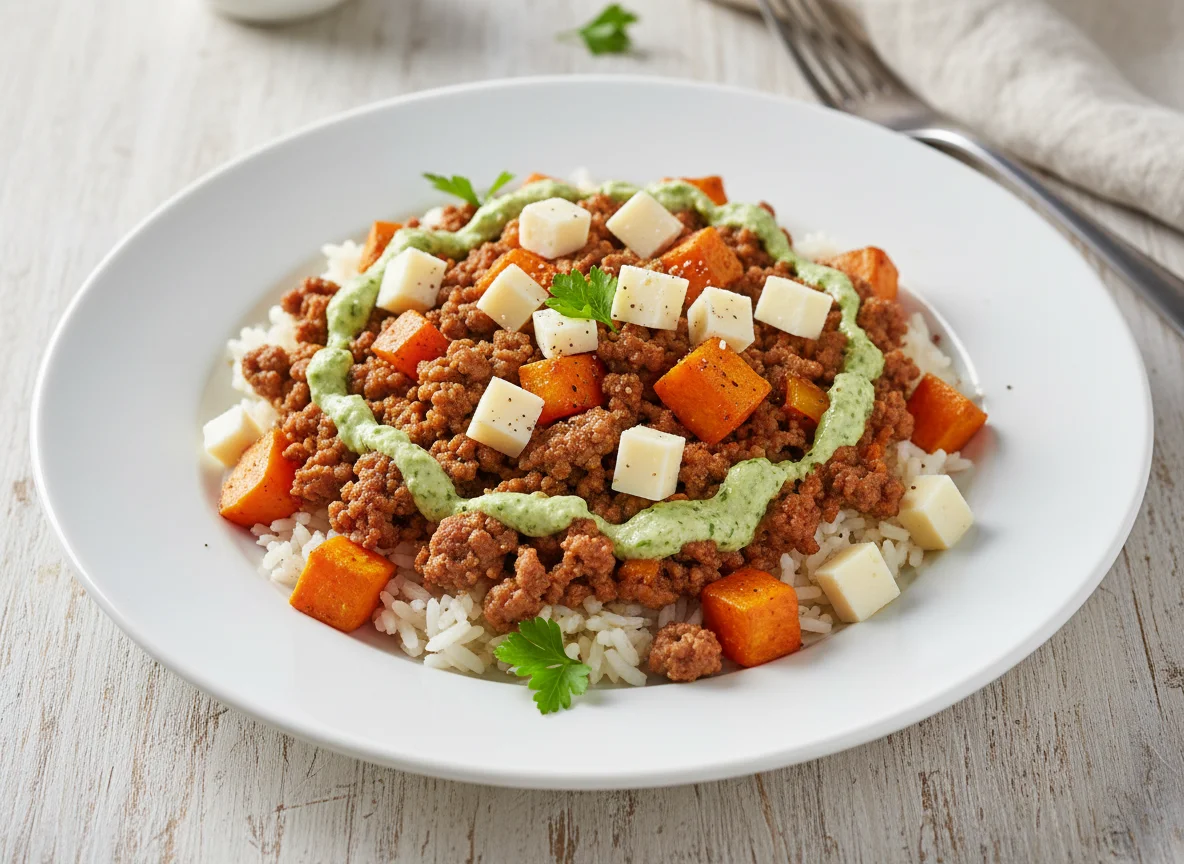 Reisgericht mit Hackfleisch und Gemüse photo