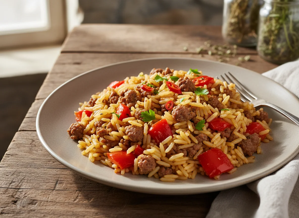 Reisgericht mit Hackfleisch und Paprika photo