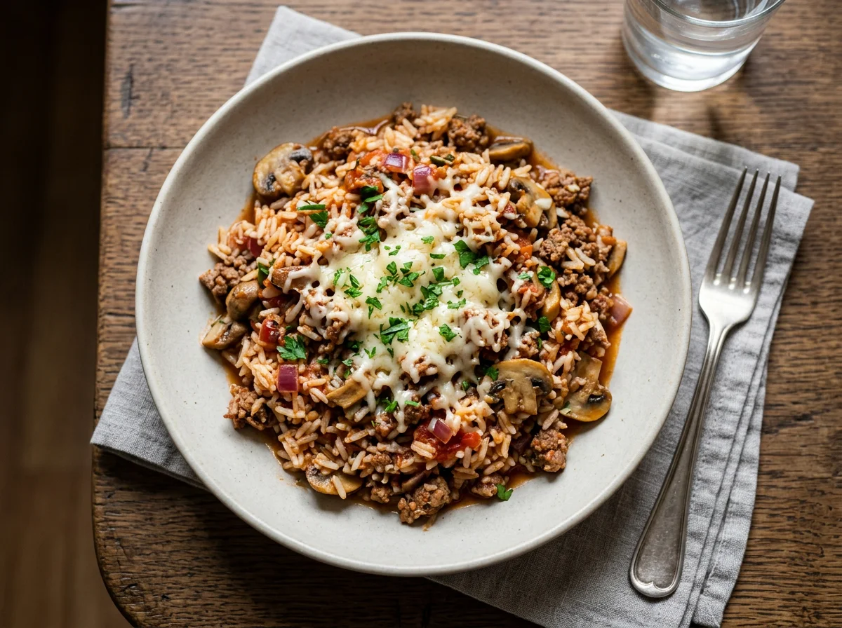 Reisgericht mit Hackfleisch und Pilzen photo