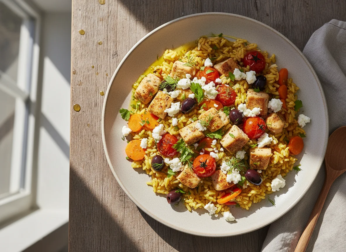 Reisgericht mit Hähnchen, Gemüse und Feta photo